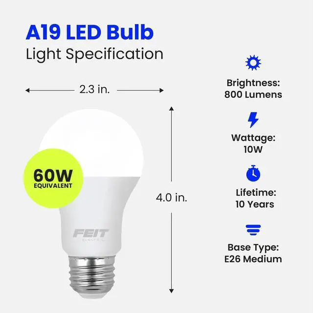 Alt view image 2 of 7 - A19 LED Light Bulb, 60W Equivalent, E26 Medium Base, 800 Lumen, 3500K Neutral White Light, Indoor/Outdoor General-Purpose Light Bulbs, 11,000-Hour, A800/835/10KLED/10, 10 Pack