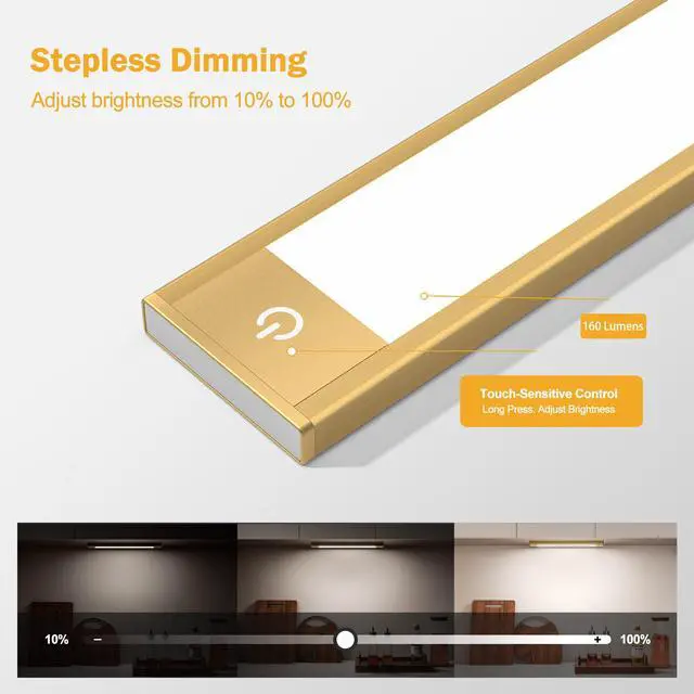 Alt view image 5 of 7 - Motion Sensor Cabinet Light, Rechargeable, Dimmable, 2Pcs, 9in | Gold aluminum, magnetic wireless, 1800mAh, 3 color temps & dimmable, ideal for kitchen cabinets, shelves & closets