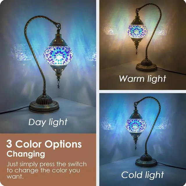 Alt view image 2 of 7 - Turkish Moroccan Lamp with Bronze Base 3 Color Options Handmade Swan Neck Mosaic Glass Bedside Lamps for Bedroom (LED Bulb Included)(Blue2)
