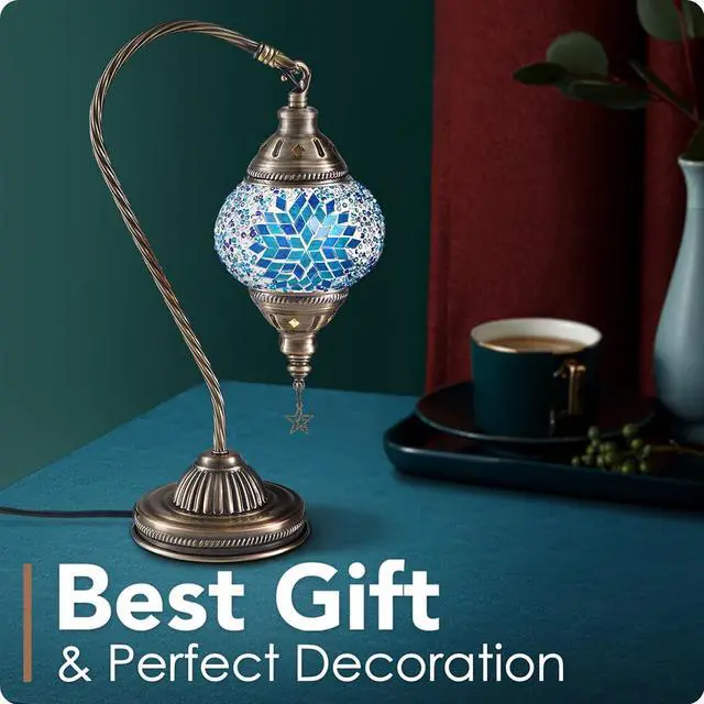 Alt view image 3 of 7 - Turkish Moroccan Lamp with Bronze Base 3 Color Options Handmade Swan Neck Mosaic Glass Bedside Lamps for Bedroom (LED Bulb Included)(Blue2)