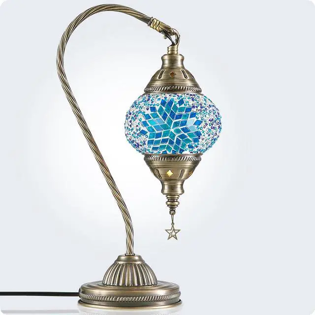 Alt view image 7 of 7 - Turkish Moroccan Lamp with Bronze Base 3 Color Options Handmade Swan Neck Mosaic Glass Bedside Lamps for Bedroom (LED Bulb Included)(Blue2)