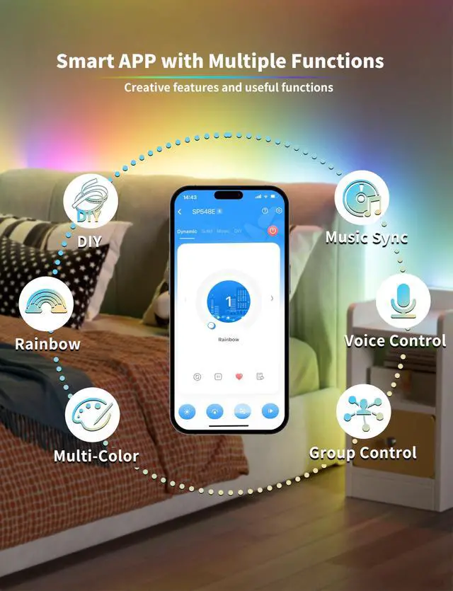 Alt view image 2 of 7 - RGB Smart IC COB LED Strip Light USB 5V 6.56ft/2m,Work with Alexa/Google Assistant,Color Chasing UL-Listed Multicolor Flexible Tape LED Strip Light,for Cabinet,TV,Bedroom,Party DIY Decoration
