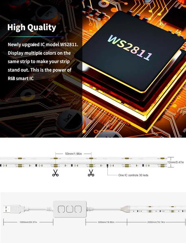 Alt view image 5 of 7 - RGB Smart IC COB LED Strip Light USB 5V 6.56ft/2m,Work with Alexa/Google Assistant,Color Chasing UL-Listed Multicolor Flexible Tape LED Strip Light,for Cabinet,TV,Bedroom,Party DIY Decoration