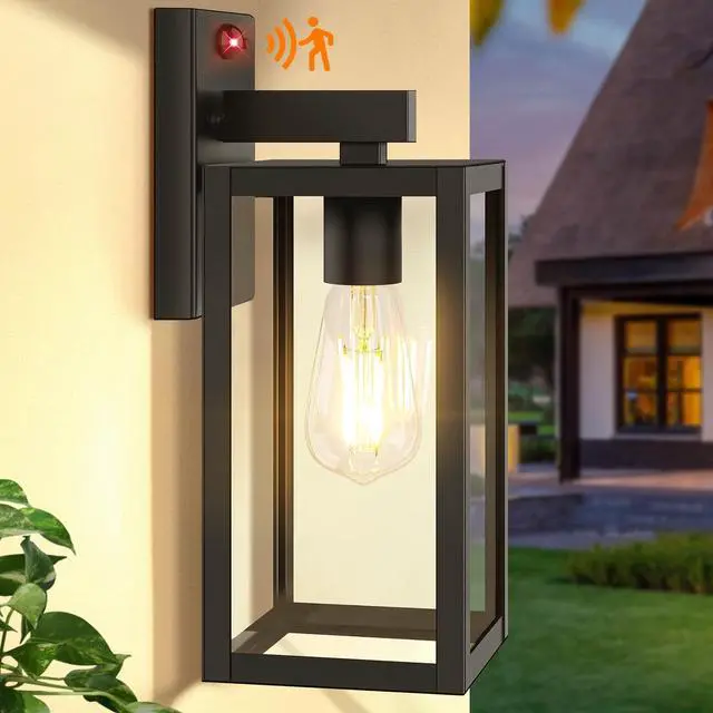 Main image of 13" Upgraded Motion Sensor Outdoor Wall Light Fixture, Black | Auto ON/OFF, 3 Lighting Modes, Waterproof, Rust-Resistant, Durable Metal & Clear Glass, Standard E26 Sockets, Easy to Install