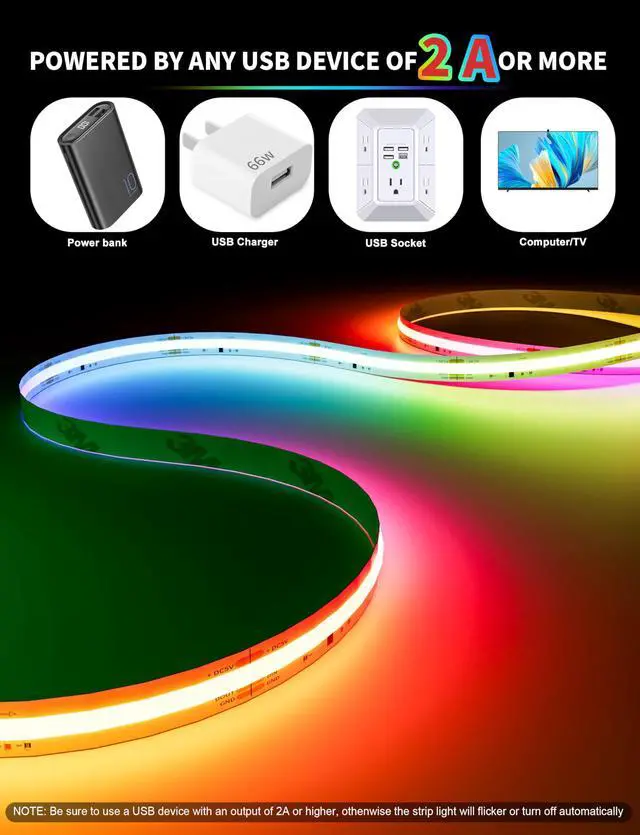 Alt view image 6 of 7 - RGB Smart IC COB LED Strip Light USB 5V 6.56ft/2m,Work with Alexa/Google Assistant,Color Chasing UL-Listed Multicolor Flexible Tape LED Strip Light,for Cabinet,TV,Bedroom,Party DIY Decoration