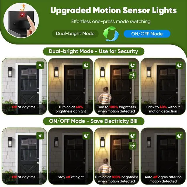 Alt view image 3 of 7 - 13" Upgraded Motion Sensor Outdoor Wall Light Fixture, Black | Auto ON/OFF, 3 Lighting Modes, Waterproof, Rust-Resistant, Durable Metal & Clear Glass, Standard E26 Sockets, Easy to Install
