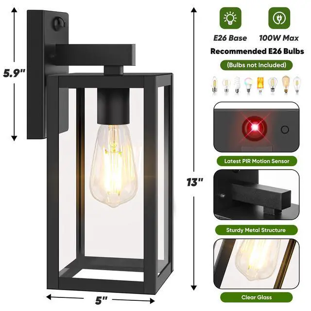 Alt view image 6 of 7 - 13" Upgraded Motion Sensor Outdoor Wall Light Fixture, Black | Auto ON/OFF, 3 Lighting Modes, Waterproof, Rust-Resistant, Durable Metal & Clear Glass, Standard E26 Sockets, Easy to Install