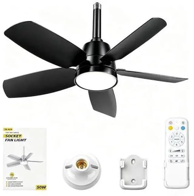 Main image of 28 Inch Socket Fan Light with Remote, 6 Speeds & 3 Colors Screw in Ceiling Fan, E26/E27 Light Socket Fan with Reversible Motor, Dimmable 3000K-6500K Socket Fan for Bedroom Kitchen Garage, Black