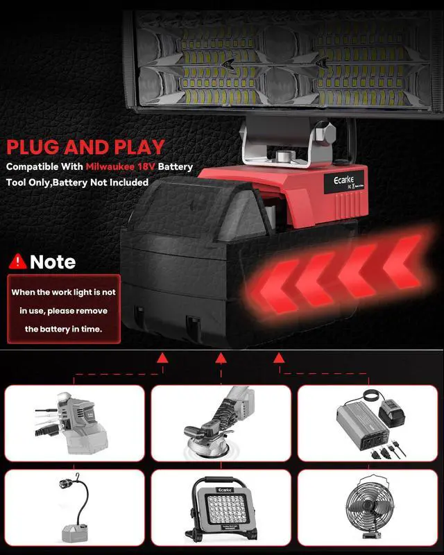 Alt view image 7 of 7 - LED Work Light Compatible with Milwaukee 18V Battery, 14500LM 145W Cordless Job Site Light, 140° Pivoting Head, USB & Type-C Charging, Low Voltage Protection, Portable Flood Light (Tool Only)