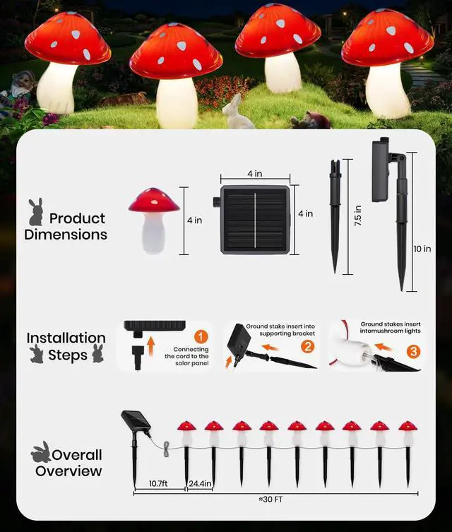 Alt view image 6 of 7 - Solar Mushroom Lights Outdoor 9 Pack, Garden Outdoor Decor, 8 Lighting Modes, IP65 Waterproof, Crystal-Clear Fairy Decoration for Pathway/Yard/Flower Bed/Patio/Landscape/Backyard/Dwarf, String 30 FT