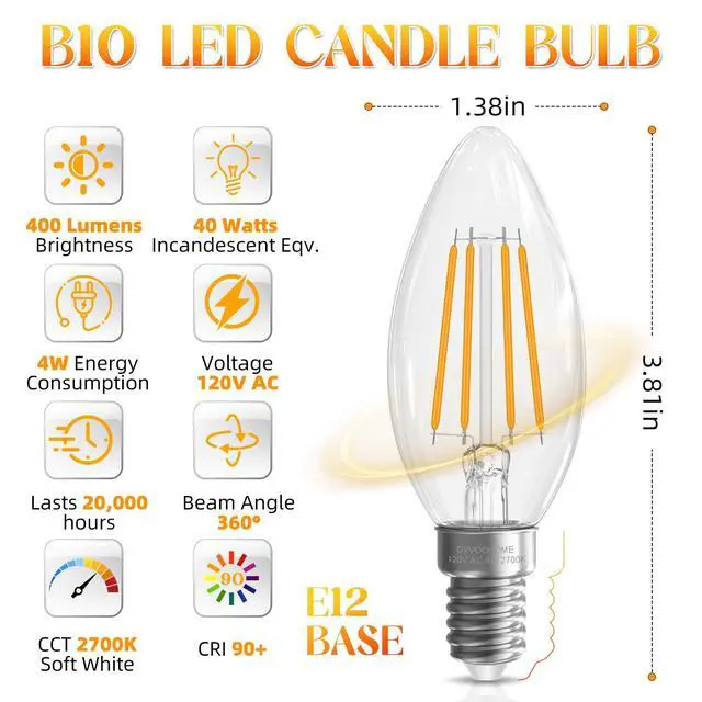 Alt view image 2 of 7 - E12 Candelabra Bulb 40 watt Equivalent, E12 LED Bulb Soft White | 2700K Chandelier Light Bulbs, Non-Dimmable B10 Candle Light Bulbs, 400LM, Candelabra Bulbs, 90+CRI, Clear Glass, 12 Pack
