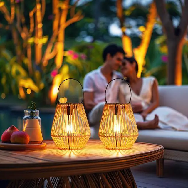 Alt view image 7 of 7 - 2 Pack Rattan Lantern Solar Outdoor Waterproof Hanging Lights | Outside Solar Wicker Lamp Decor with Waterproof Lights for Gardens, Patios, Porches, Pathways, Christmas and Halloween