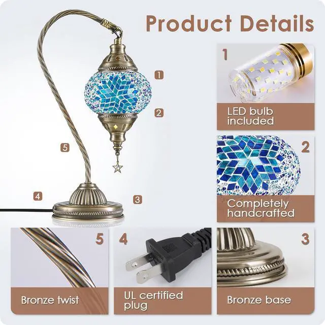 Alt view image 5 of 7 - Turkish Moroccan Lamp with Bronze Base 3 Color Options Handmade Swan Neck Mosaic Glass Bedside Lamps for Bedroom (LED Bulb Included)(Blue2)