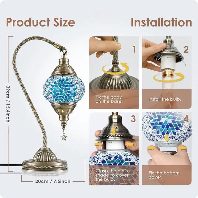 Alt view image 6 of 7 - Turkish Moroccan Lamp with Bronze Base 3 Color Options Handmade Swan Neck Mosaic Glass Bedside Lamps for Bedroom (LED Bulb Included)(Blue2)