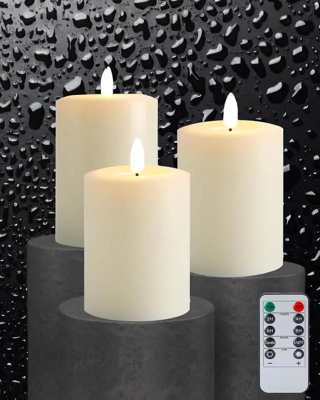 Main image of 3"x4" Flickering Flameless Candles with Remote Timer, LED Candles | Set of 3 Ivory Battery Operated Candles, Fake Pillar Candles for Fireplace, Centerpiece and Rustic Decor (Real Wax)