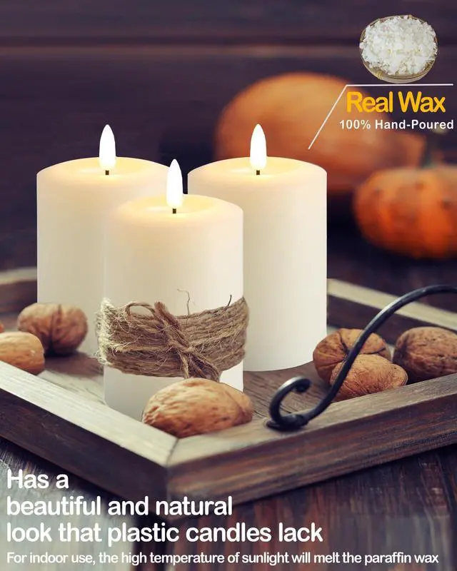 Alt view image 3 of 7 - 3"x4" Flickering Flameless Candles with Remote Timer, LED Candles | Set of 3 Ivory Battery Operated Candles, Fake Pillar Candles for Fireplace, Centerpiece and Rustic Decor (Real Wax)