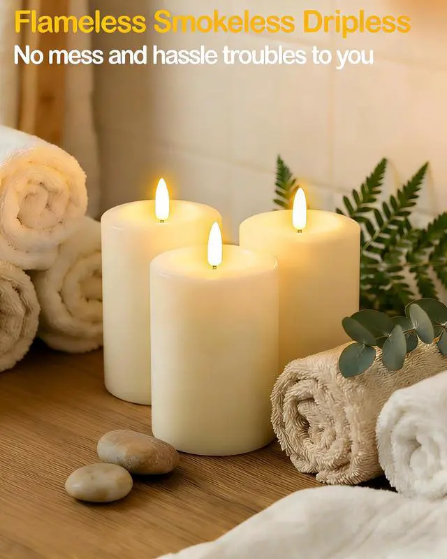 Alt view image 5 of 7 - 3"x4" Flickering Flameless Candles with Remote Timer, LED Candles | Set of 3 Ivory Battery Operated Candles, Fake Pillar Candles for Fireplace, Centerpiece and Rustic Decor (Real Wax)