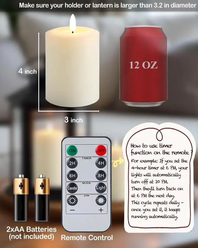 Alt view image 7 of 7 - 3"x4" Flickering Flameless Candles with Remote Timer, LED Candles | Set of 3 Ivory Battery Operated Candles, Fake Pillar Candles for Fireplace, Centerpiece and Rustic Decor (Real Wax)