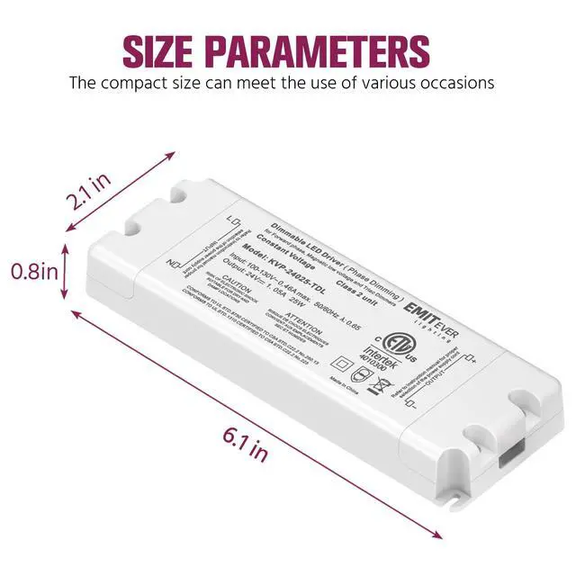 Alt view image 4 of 7 - 25W 24V Triac Dimmable LED Driver, AC 120V to DC Power Supply | Compatible with Lutron and Leviton Dimmers, Transformer for LED Lighting, Class 2, ETL Certified