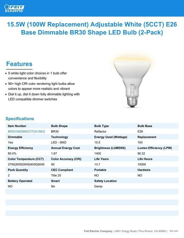 Alt view image 3 of 7 - BR30 LED Light Bulb 5CCT Dimmable - 100W Equivalent 2 Pack