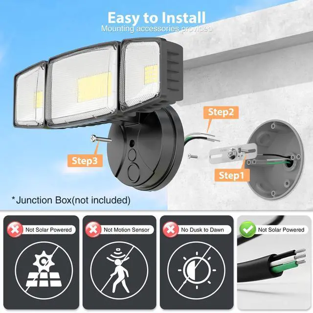 Alt view image 2 of 7 - 100W 11000LM Flood Lights Outdoor, Brightness Security LED Flood Lights with 3 Adjustable Heads, Switch Controlled, IP65 Waterproof 6500K Outside Exterior Flood Light for Yard Garage Eave Patio