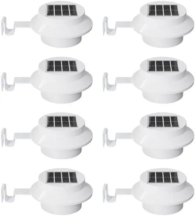 Main image of 8 Pack White Solar Powered Gutter Lights Outdoor Decorative Waterproof Led Fence Lamp for Lighting Railing, Outside Wall, Deck, Garden, Path, Backyard, Sidewalk, Yard, Patio, No Drilling Installation