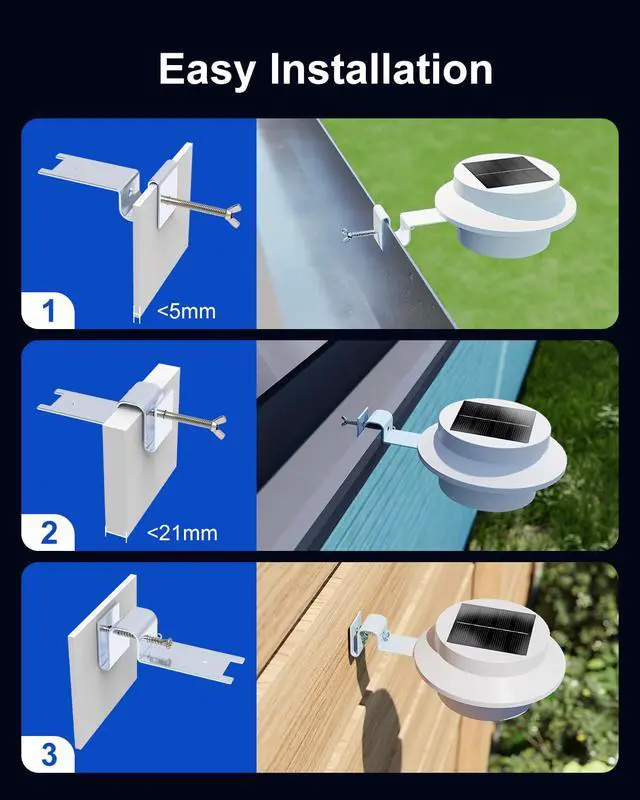 Alt view image 2 of 7 - 8 Pack White Solar Powered Gutter Lights Outdoor Decorative Waterproof Led Fence Lamp for Lighting Railing, Outside Wall, Deck, Garden, Path, Backyard, Sidewalk, Yard, Patio, No Drilling Installation