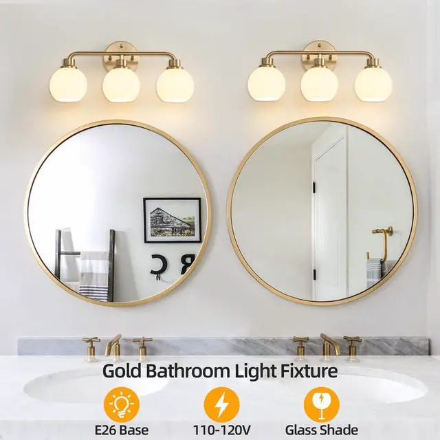 Alt view image 2 of 7 - Bathroom Light Fixtures Gold Vanity Light 3 Light Brushed Brass | Wall Sconces Lighting with Milk Globe Glass Shades Bath Wall Lamp for Mirror Kitchen Living Room Bedroom Hallway