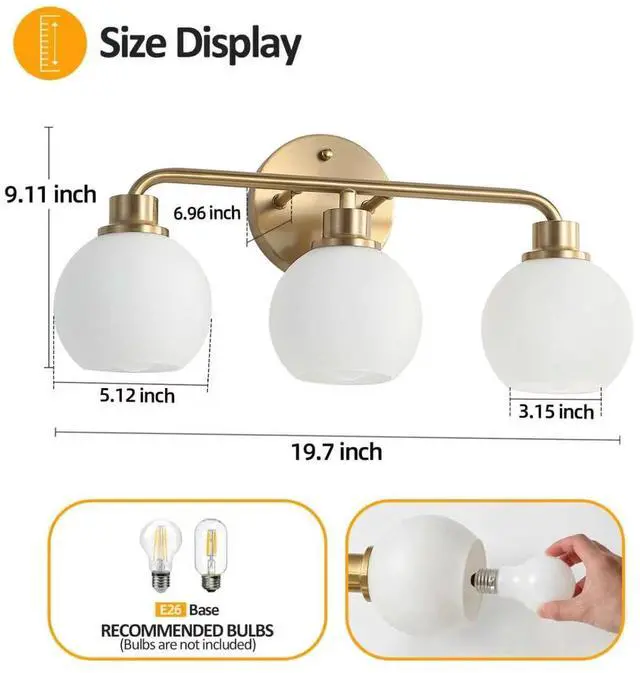 Alt view image 3 of 7 - Bathroom Light Fixtures Gold Vanity Light 3 Light Brushed Brass | Wall Sconces Lighting with Milk Globe Glass Shades Bath Wall Lamp for Mirror Kitchen Living Room Bedroom Hallway