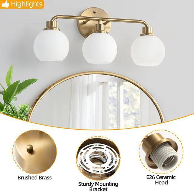Alt view image 5 of 7 - Bathroom Light Fixtures Gold Vanity Light 3 Light Brushed Brass | Wall Sconces Lighting with Milk Globe Glass Shades Bath Wall Lamp for Mirror Kitchen Living Room Bedroom Hallway