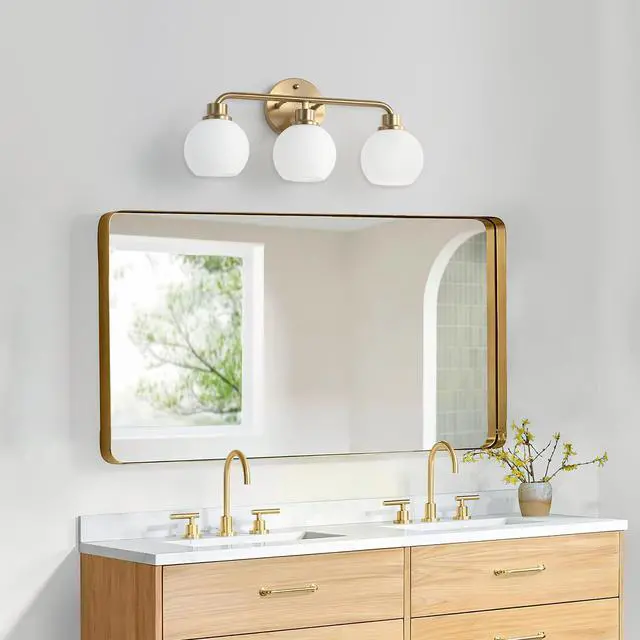 Alt view image 6 of 7 - Bathroom Light Fixtures Gold Vanity Light 3 Light Brushed Brass | Wall Sconces Lighting with Milk Globe Glass Shades Bath Wall Lamp for Mirror Kitchen Living Room Bedroom Hallway