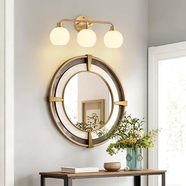 Alt view image 7 of 7 - Bathroom Light Fixtures Gold Vanity Light 3 Light Brushed Brass | Wall Sconces Lighting with Milk Globe Glass Shades Bath Wall Lamp for Mirror Kitchen Living Room Bedroom Hallway