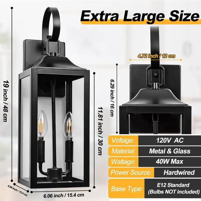 Alt view image 4 of 7 - 19" Large Outdoor Wall Lights, Modern Waterproof Exterior Lighting Fixtures | Anti-Rust Outdoor Porch Lights Wall Mount, Industrial Outdoor Light Fixture Farmhouse Ouside Wall Sconces, Black, 1-Pack