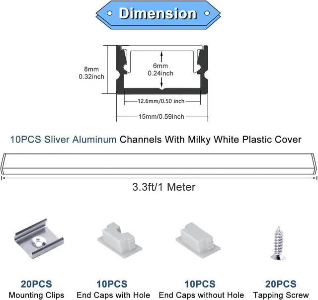 Alt view image 2 of 6 - 10Pack 3.3 ft LED Aluminum Channel with Milky White Cover U Shape 15x8mm, Led Strip Light Track with End Caps and Mounting Clips Accessories, Aluminum Profile for Led Strip Lights