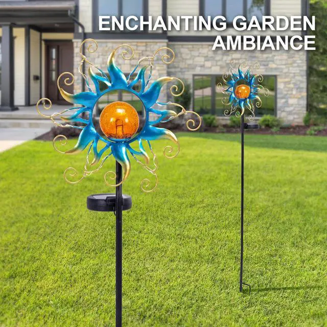 Alt view image 6 of 7 - ZHQIAN Solar Lights Outdoor Garden Decor, Blue Metal Sun Crackle Glass Globe Stake Waterproof 30LED Decorations Unique Gifts for Women,Mom,Outside, Patio,Lawn,Yard,Pathway
