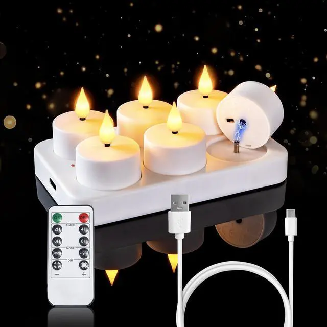 Main image of 6-Pack Rechargeable Tea Lights Candles with Remote, 2/4/6/8H Timer | Flameless Flickering Battery Operated LED Tealights with Charging Base for Votive Cups, Glass Holders and Cozy Home Ambiance