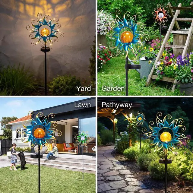 Alt view image 7 of 7 - ZHQIAN Solar Lights Outdoor Garden Decor, Blue Metal Sun Crackle Glass Globe Stake Waterproof 30LED Decorations Unique Gifts for Women,Mom,Outside, Patio,Lawn,Yard,Pathway