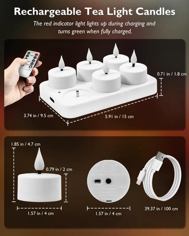 Alt view image 7 of 7 - 6-Pack Rechargeable Tea Lights Candles with Remote, 2/4/6/8H Timer | Flameless Flickering Battery Operated LED Tealights with Charging Base for Votive Cups, Glass Holders and Cozy Home Ambiance
