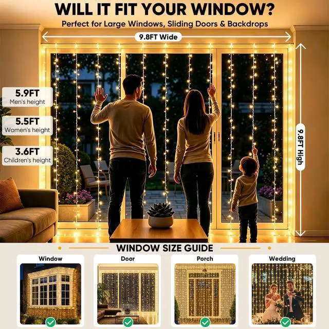 Alt view image 2 of 7 - Curtain Lights for Bedroom Backdrop 300 LED Plug in 9.8x9.8ft | Linkable up to 4 Sets,Plug-in Remote, Dimmable, Timer, 8 Modes, Indoor Outdoor Decor for Dorm, Party, Garden, Window