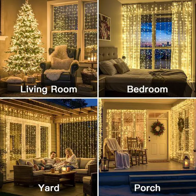 Alt view image 4 of 7 - Curtain Lights for Bedroom Backdrop 300 LED Plug in 9.8x9.8ft | Linkable up to 4 Sets,Plug-in Remote, Dimmable, Timer, 8 Modes, Indoor Outdoor Decor for Dorm, Party, Garden, Window