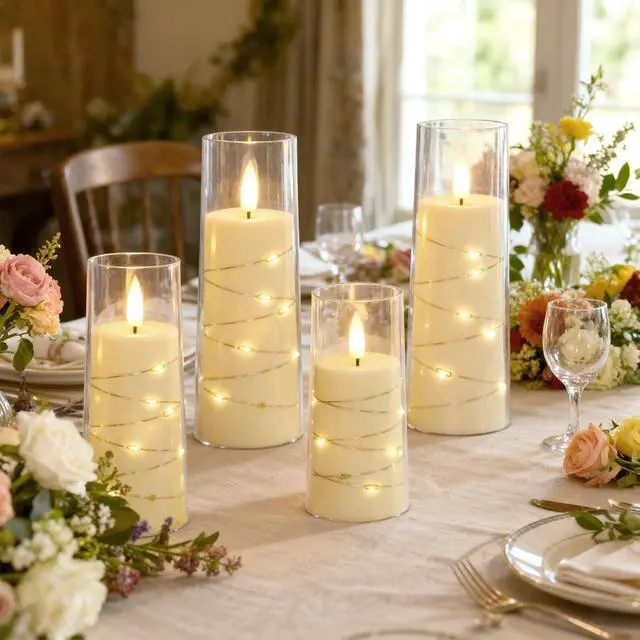 Alt view image 2 of 7 - Flameless Candle with Remote Timer 9 Flickering Acrylic Battery Operated LED Pillar Candles with Embedded Star String for Christmas, Wedding, Home Decor, and as a Gift (Ivory White)