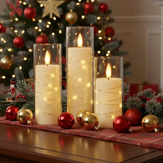 Alt view image 4 of 7 - Flameless Candle with Remote Timer 9 Flickering Acrylic Battery Operated LED Pillar Candles with Embedded Star String for Christmas, Wedding, Home Decor, and as a Gift (Ivory White)