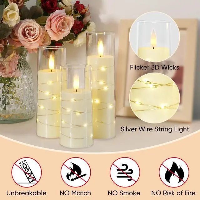 Alt view image 5 of 7 - Flameless Candle with Remote Timer 9 Flickering Acrylic Battery Operated LED Pillar Candles with Embedded Star String for Christmas, Wedding, Home Decor, and as a Gift (Ivory White)