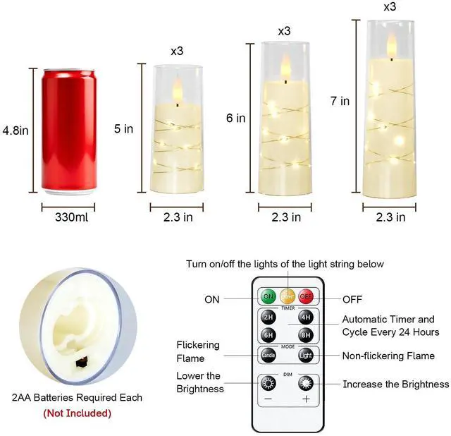 Alt view image 6 of 7 - Flameless Candle with Remote Timer 9 Flickering Acrylic Battery Operated LED Pillar Candles with Embedded Star String for Christmas, Wedding, Home Decor, and as a Gift (Ivory White)