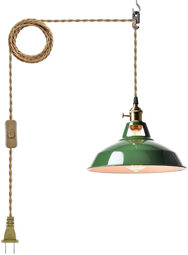 Main image of Modern Green Plug-in Pendant Light Macaron Kitchen Hanging Swag Lamp | 10.06"W Metal Barn Shade with On-Off Switch Plug Cord Light for Bedroom Foyer Dining Bar Loft Restaurants