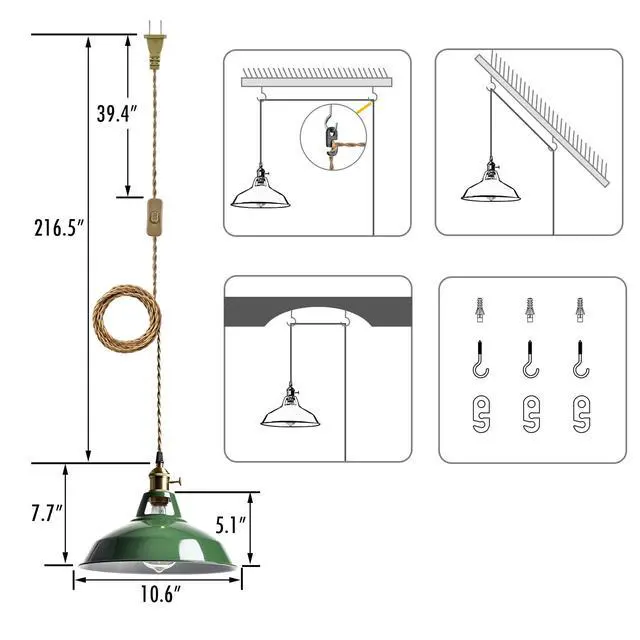 Alt view image 3 of 7 - Modern Green Plug-in Pendant Light Macaron Kitchen Hanging Swag Lamp | 10.06"W Metal Barn Shade with On-Off Switch Plug Cord Light for Bedroom Foyer Dining Bar Loft Restaurants