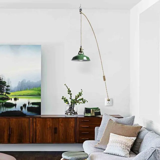 Alt view image 4 of 7 - Modern Green Plug-in Pendant Light Macaron Kitchen Hanging Swag Lamp | 10.06"W Metal Barn Shade with On-Off Switch Plug Cord Light for Bedroom Foyer Dining Bar Loft Restaurants