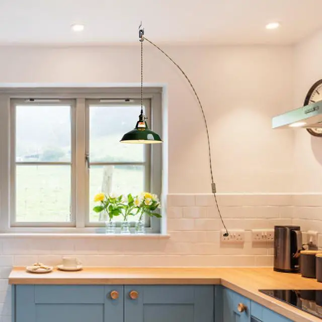 Alt view image 5 of 7 - Modern Green Plug-in Pendant Light Macaron Kitchen Hanging Swag Lamp | 10.06"W Metal Barn Shade with On-Off Switch Plug Cord Light for Bedroom Foyer Dining Bar Loft Restaurants