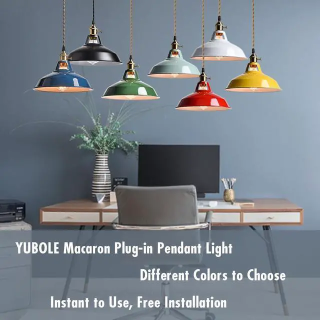 Alt view image 6 of 7 - Modern Green Plug-in Pendant Light Macaron Kitchen Hanging Swag Lamp | 10.06"W Metal Barn Shade with On-Off Switch Plug Cord Light for Bedroom Foyer Dining Bar Loft Restaurants