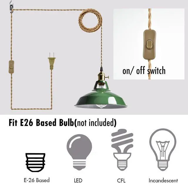 Alt view image 7 of 7 - Modern Green Plug-in Pendant Light Macaron Kitchen Hanging Swag Lamp | 10.06"W Metal Barn Shade with On-Off Switch Plug Cord Light for Bedroom Foyer Dining Bar Loft Restaurants